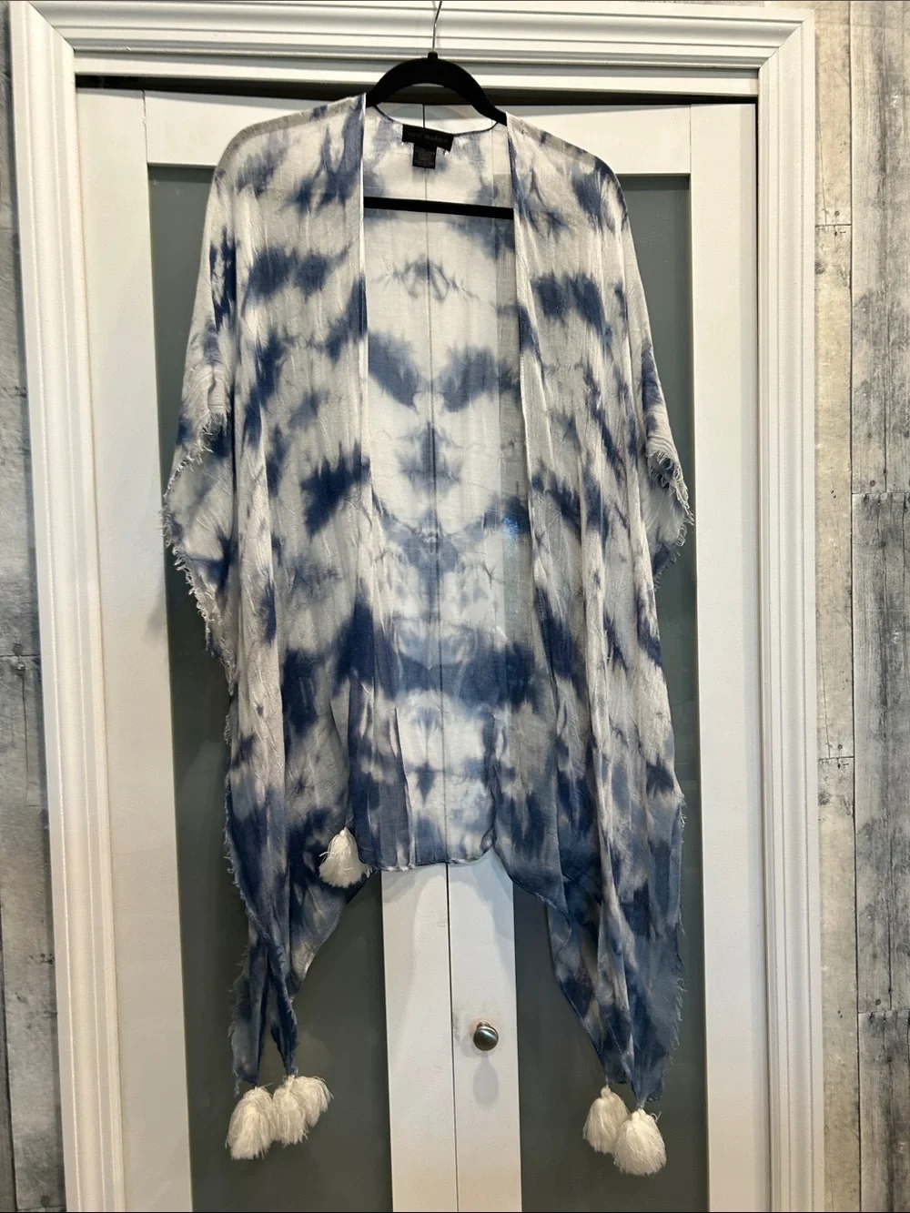 Steve Madden Blue and White Tie-Dye Kimono Cover-Up with Tassels